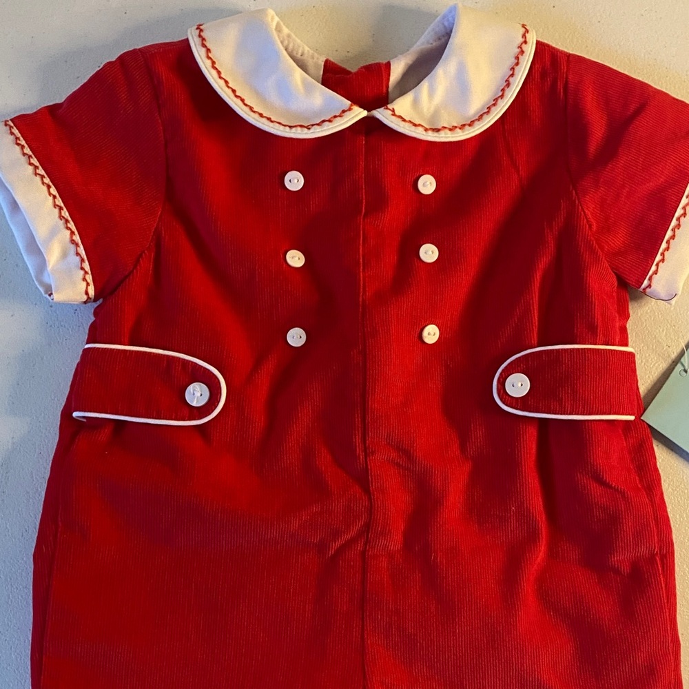 Anavini Hand Smocked Preppy Red Baby Outfit with White Accents 6 months